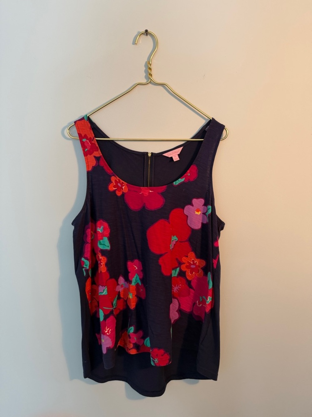 Lilly Pulitzer Floral Scoop Neck Tank Top - Navy with Red & Pink Flowers